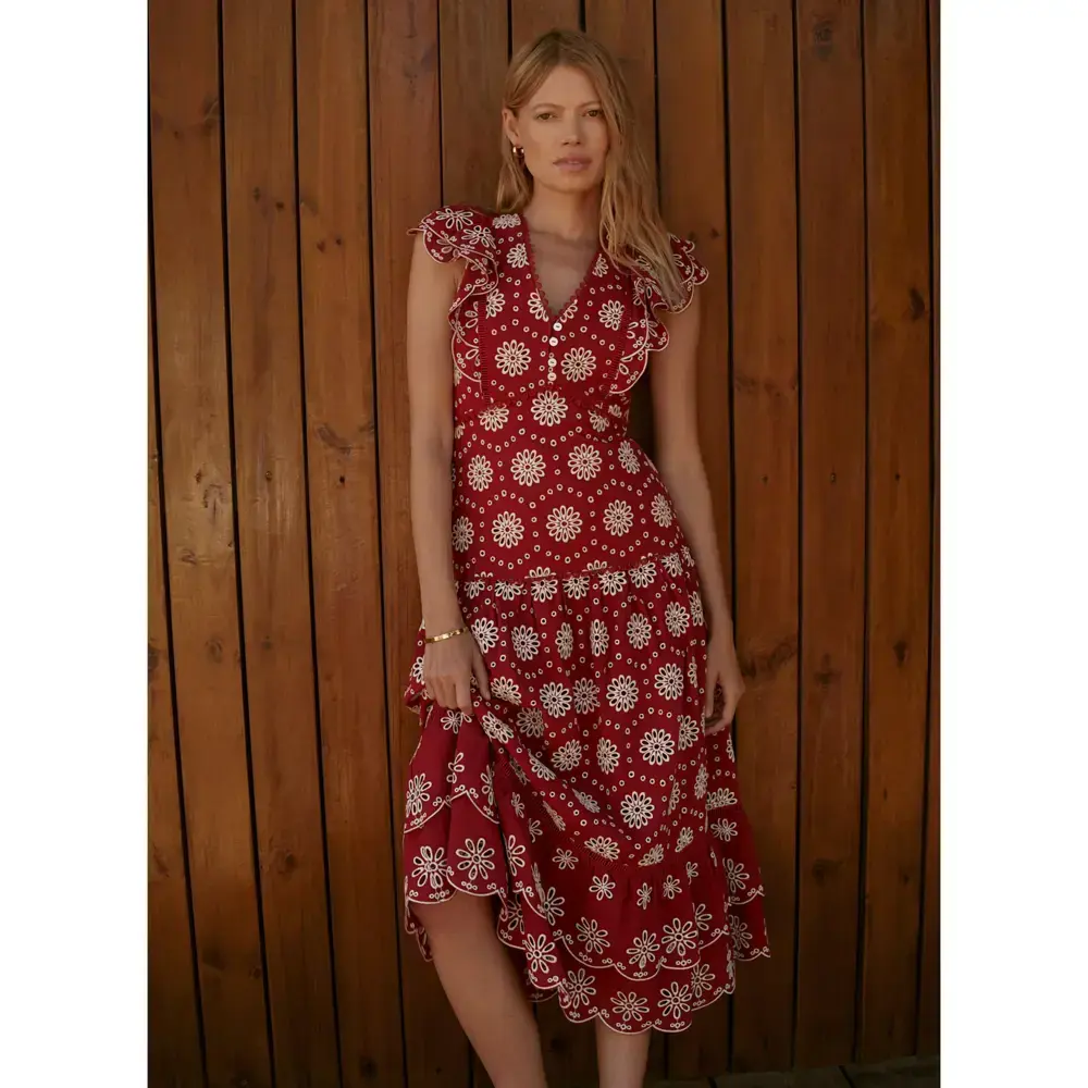 Mint Velvet Red Cotton Broderie Midi Dress